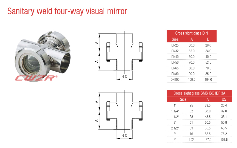 Sanitary Weld Four-way Visual Mirror